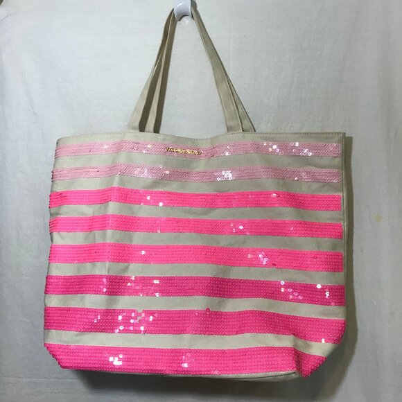 Victoria's Secret Pink & White Sequin Tote Bag 2016 Sparkly Bling Glam EUC Vacay - Picture 1 of 14